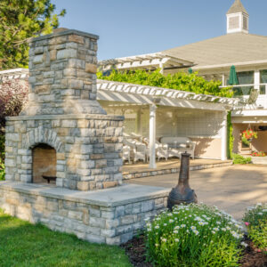 The modern outdoor fireplace in outside of house at Maryland